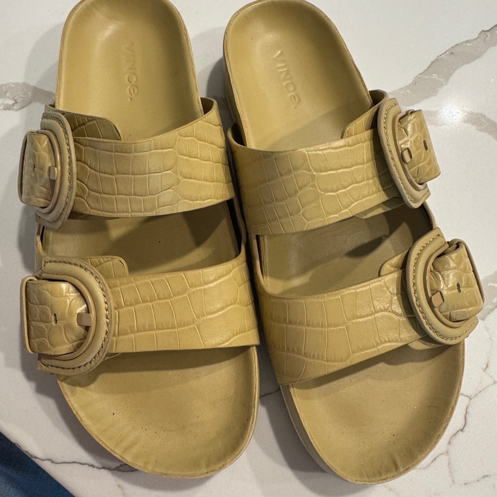 Vince Beige Croc-Embossed Slide Sandals